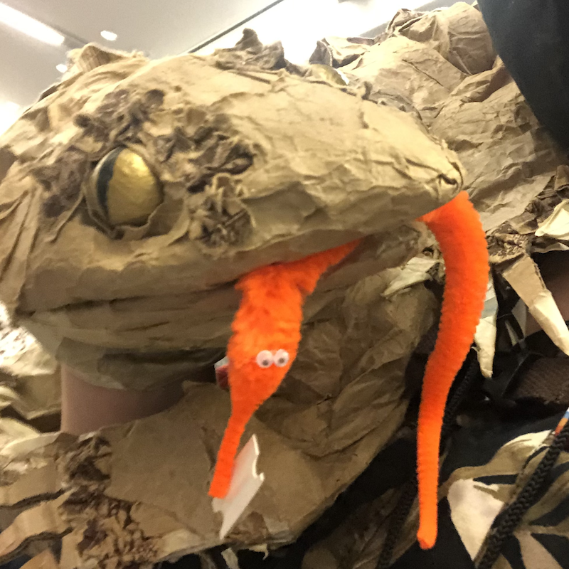 A brown lizard made of paper bags and cardboard. Picture links to project page.